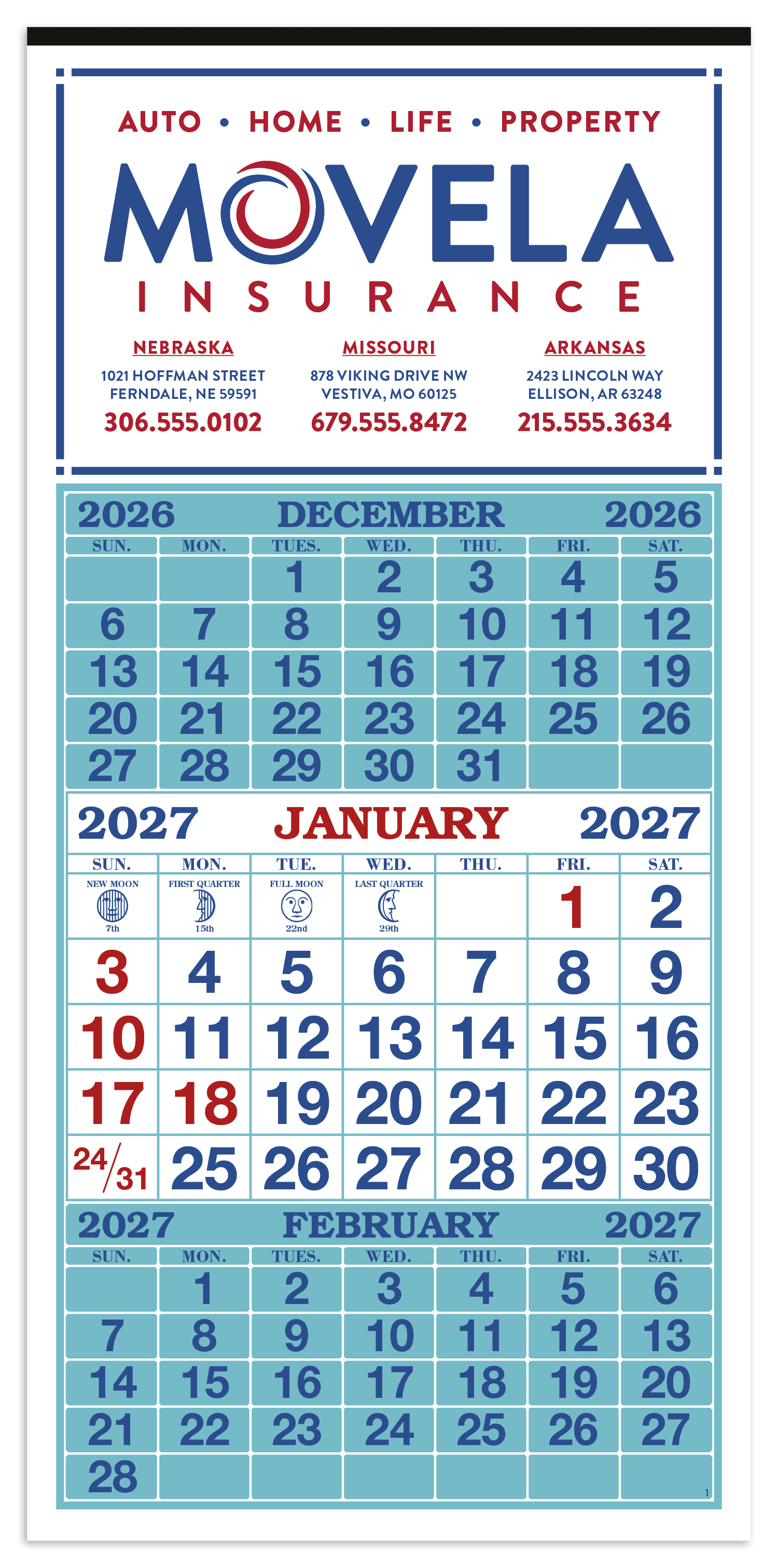 Skinner & Kennedy® 3-Month Display 12-Sheet Calendar